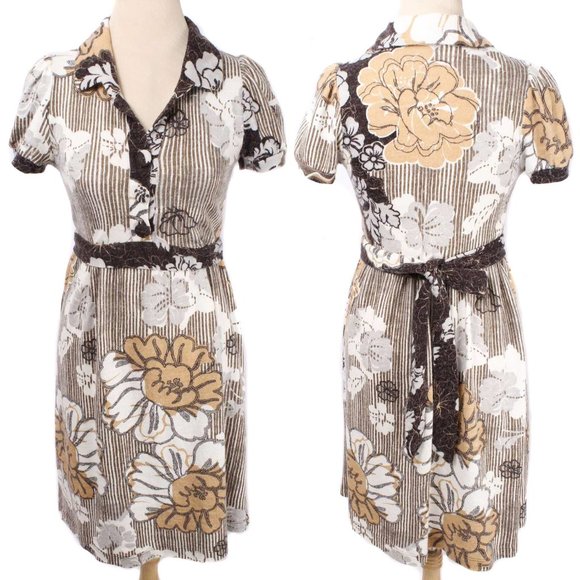 Anthropologie Dresses & Skirts - EVA FRANCO Brown Floral Tie Waist Wool Blend Retro Fit & Flare Dress Size 10